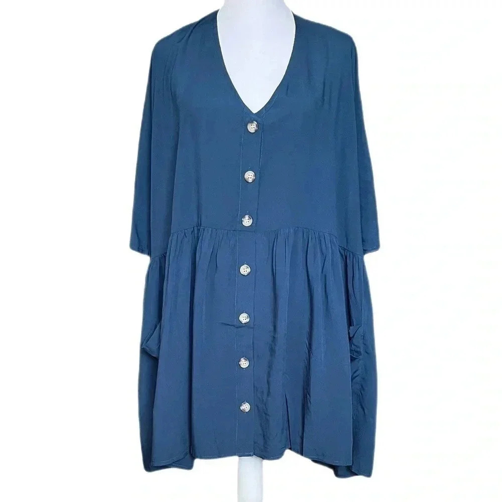Agnes & Dora Lightweight Deep Blue Smock, Button Down with Pockets, XXL